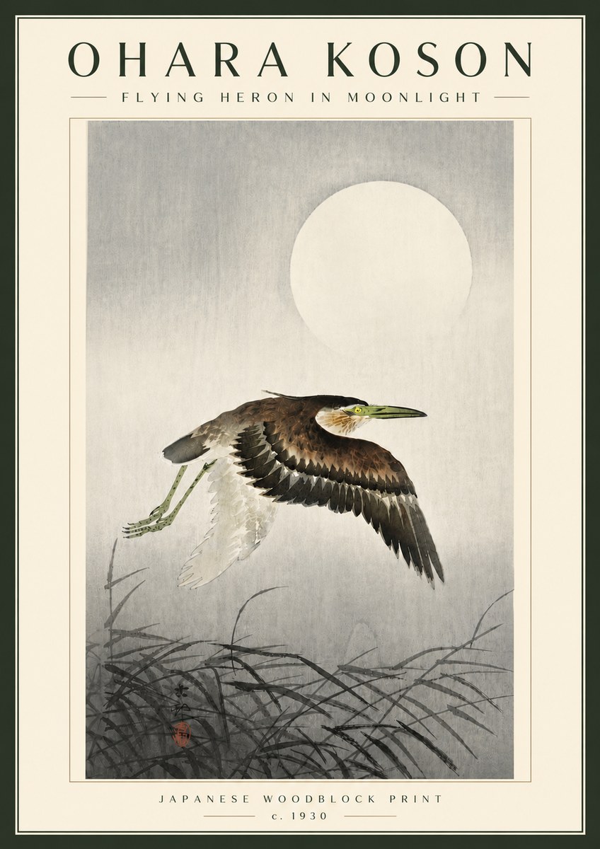 Ohara Koson Flying Heron in Moonlight No5 - Poster