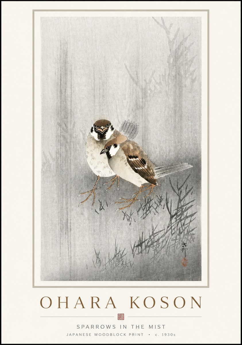 Ohara Koson Sparrows in the Mist No3 - Poster