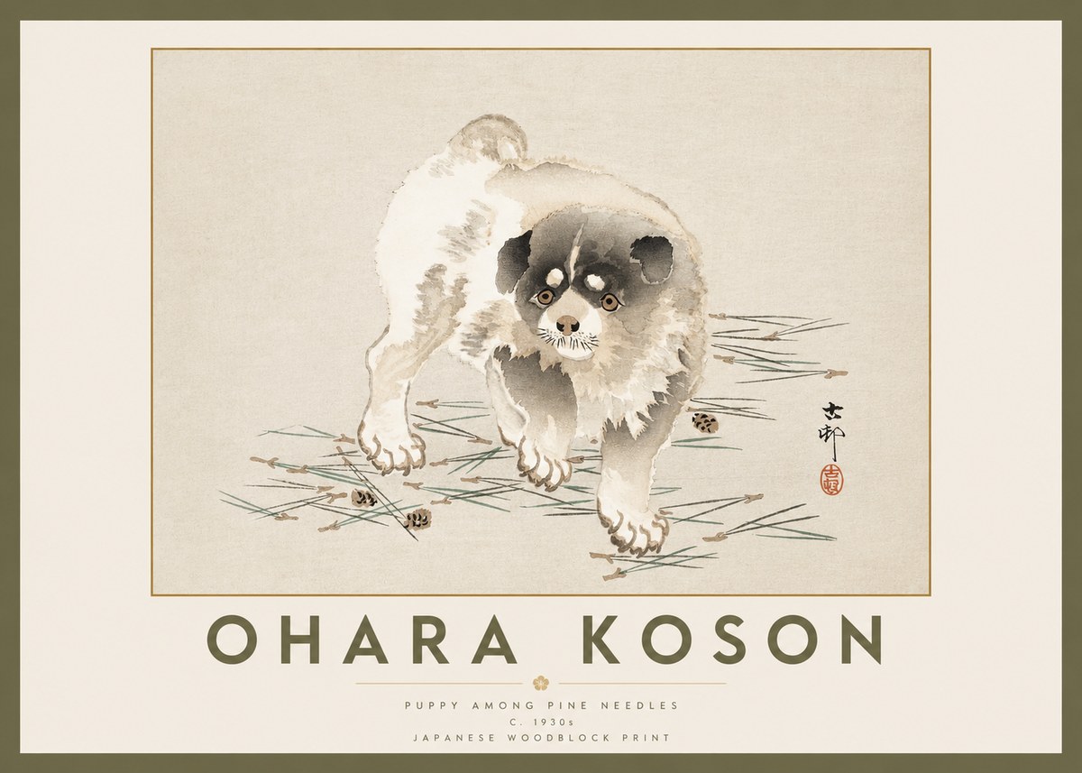 Ohara Koson Puppy Among Pine Needles No2 - Poster