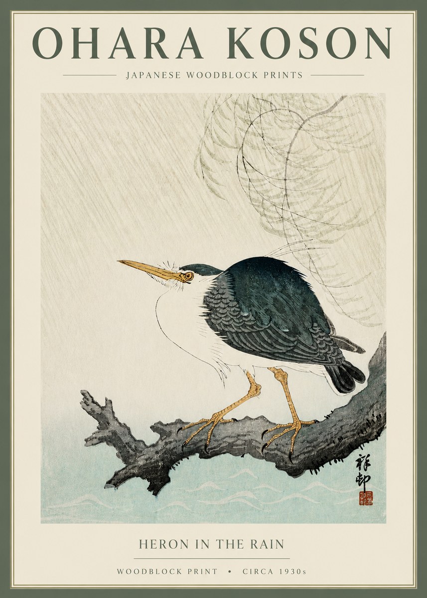 Ohara Koson Heron in the Rain No2 - Poster