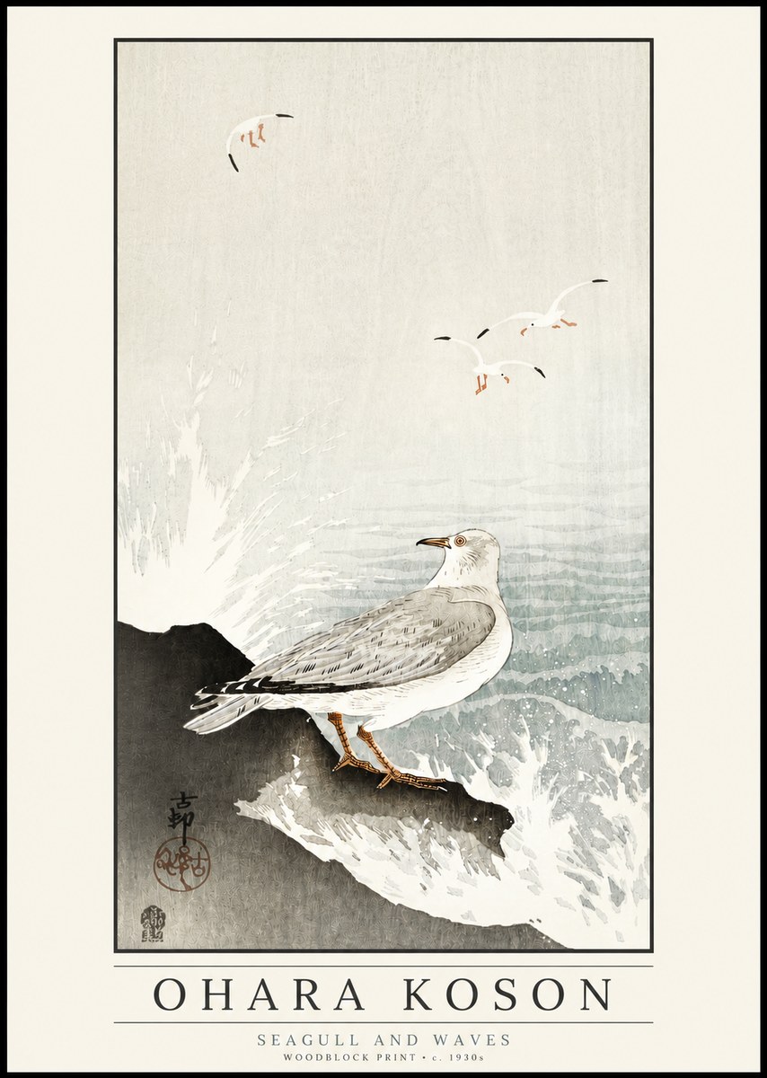 Ohara Koson Seagull and Waves No3 - Poster