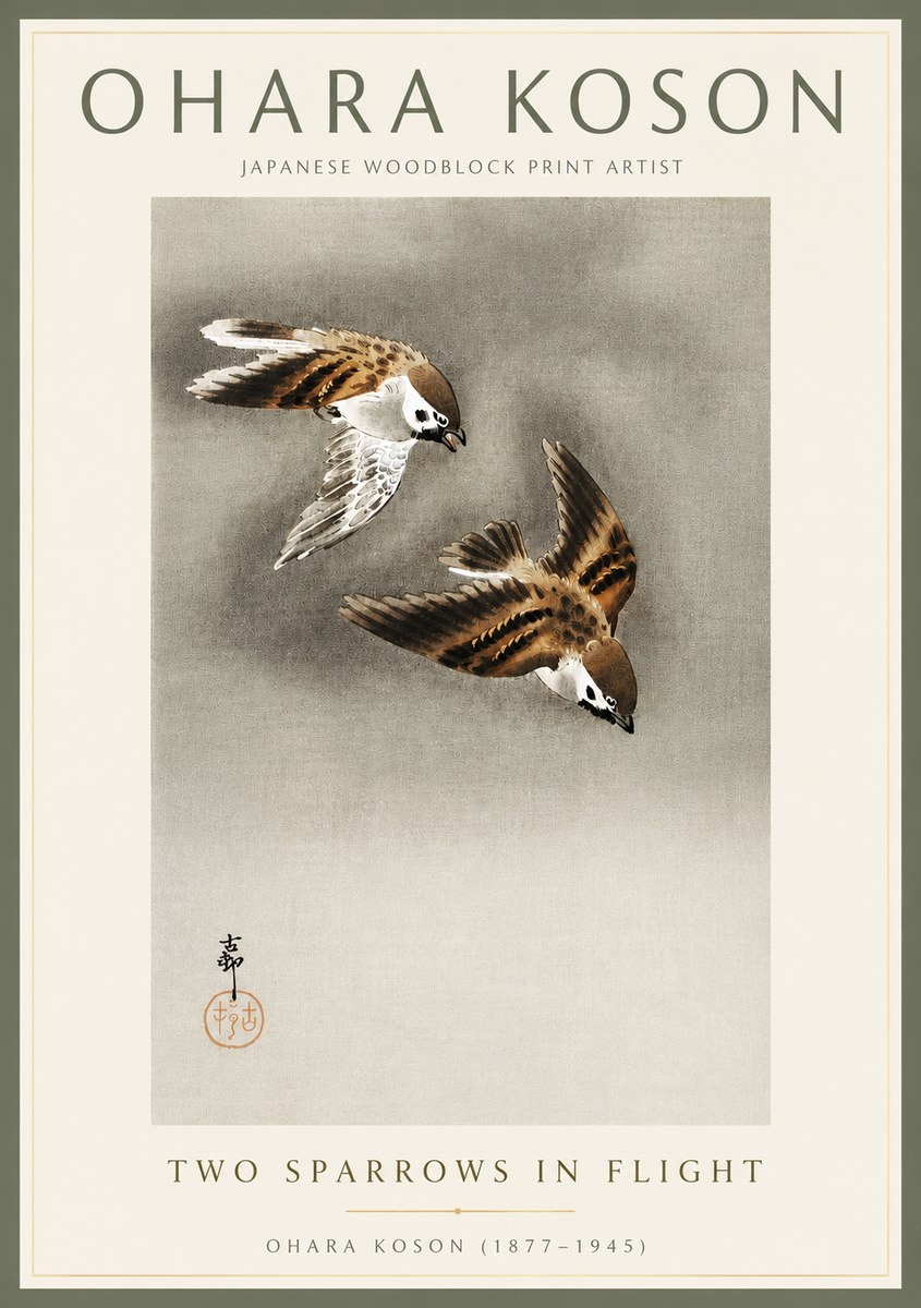 Ohara Koson Two Sparrows in Flight No4 - Poster