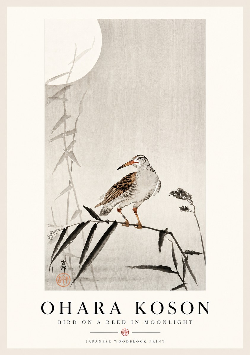 Ohara Koson Bird on a Reed in Moonlight No4 - Poster