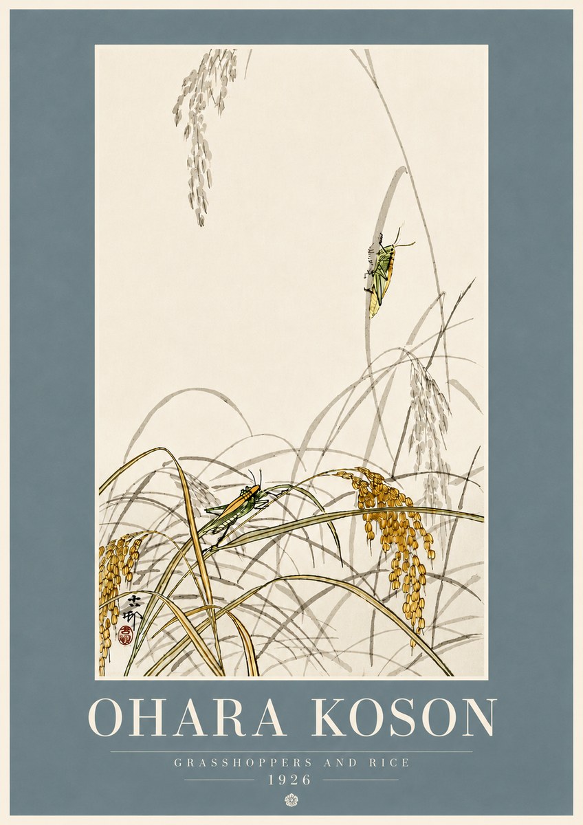 Ohara Koson Grasshoppers and Rice No5 - Poster