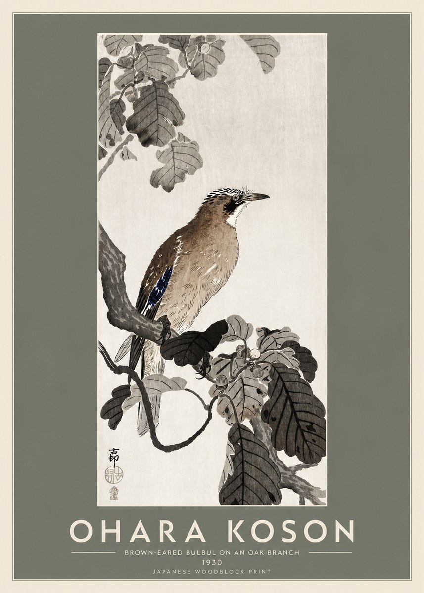 Ohara Koson Brown-eared Bulbul on an Oak Branch No2 - Poster