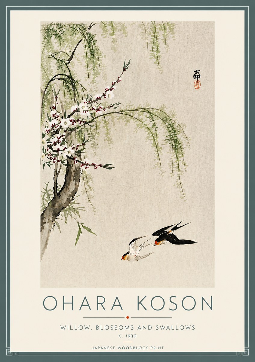 Ohara Koson Willow, Blossoms and Swallows No4 - Poster
