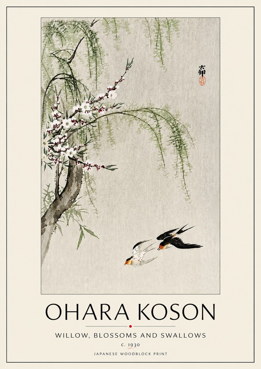 Ohara Koson Willow, Blossoms and Swallows No5 - Poster