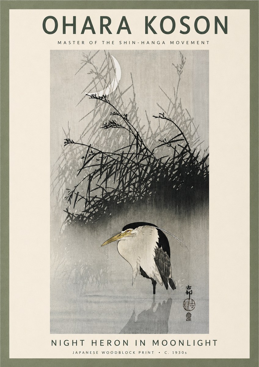 Ohara Koson Night Heron in Moonlight No4 - Poster