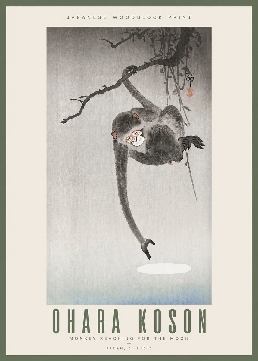 Ohara Koson Monkey Reaching for the Moon No3 - Poster