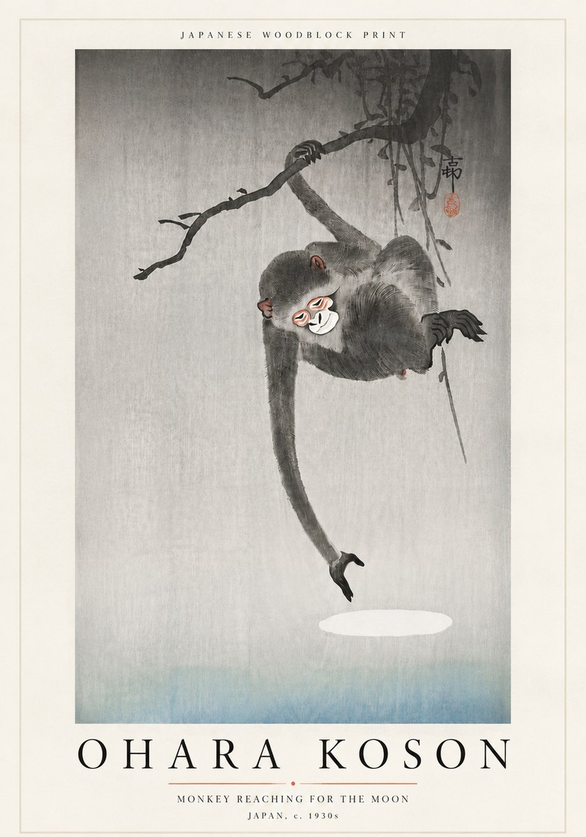 Ohara Koson Monkey Reaching for the Moon No6 - Poster