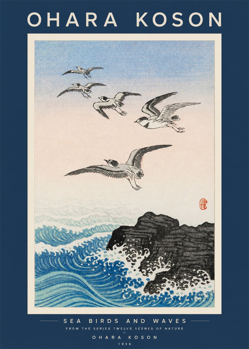 Ohara Koson Sea Birds and Waves No2 - Poster