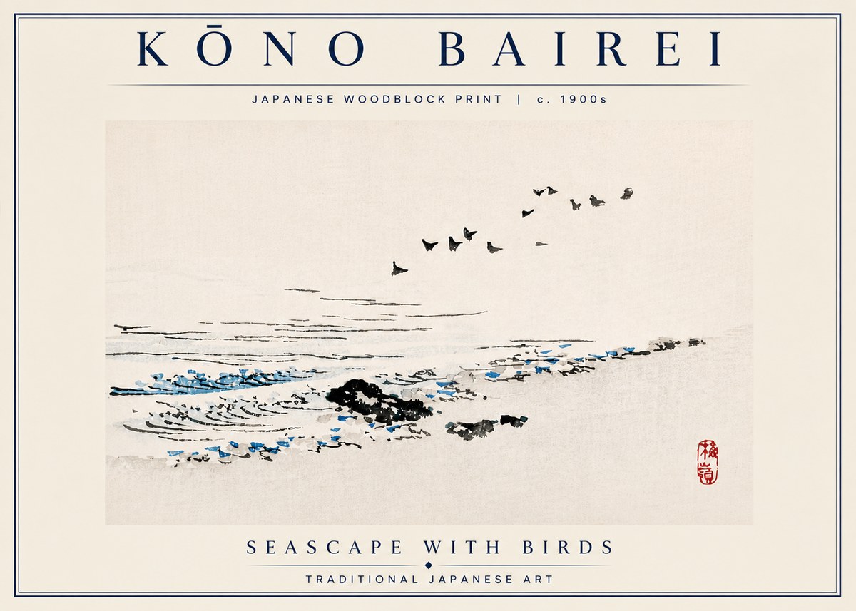 Kōno Bairei Seascape with Birds No6 - Poster