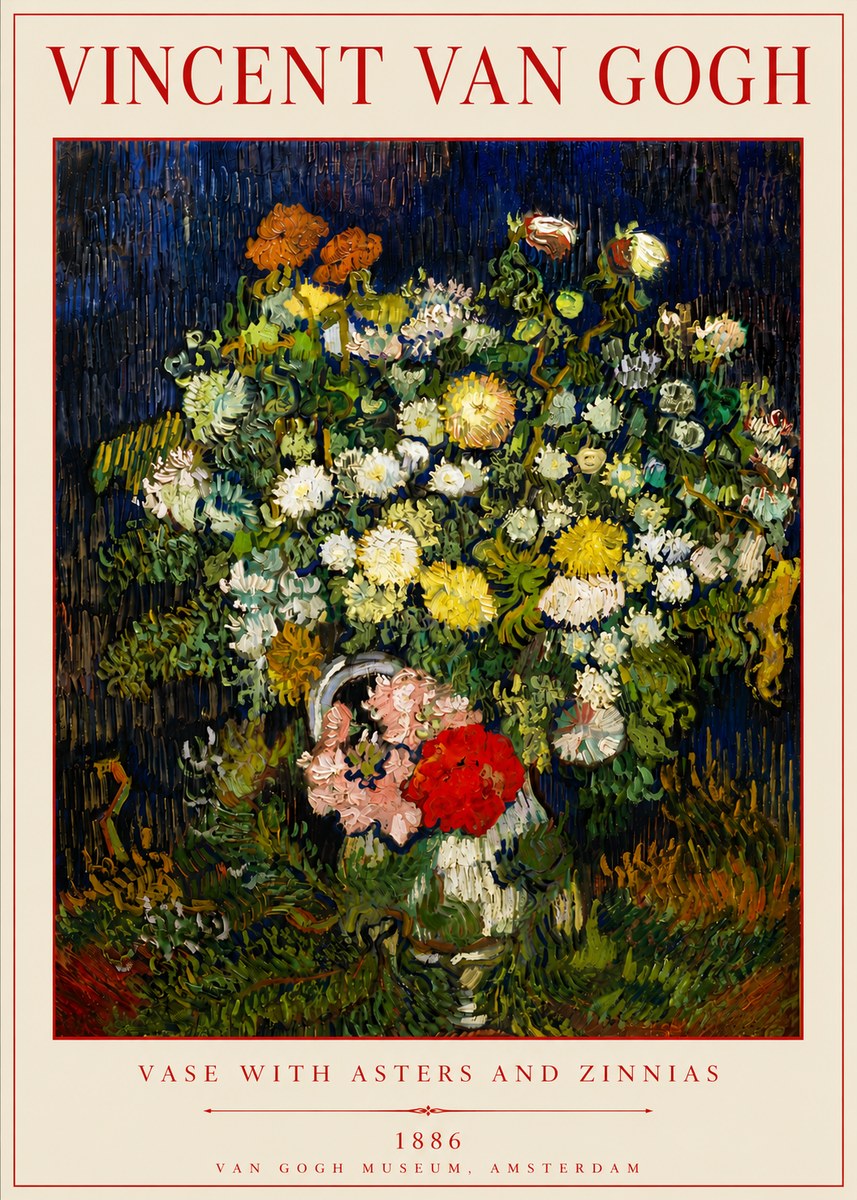 Van Gogh Vase with Asters and Zinnias No6 - Poster