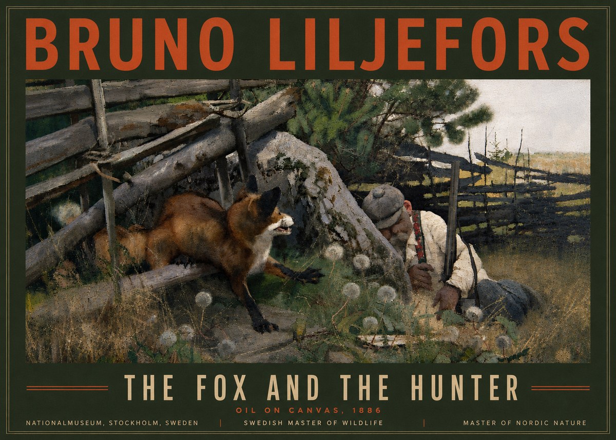 Bruno Liljefors The Fox and the Hunter No6 - Poster