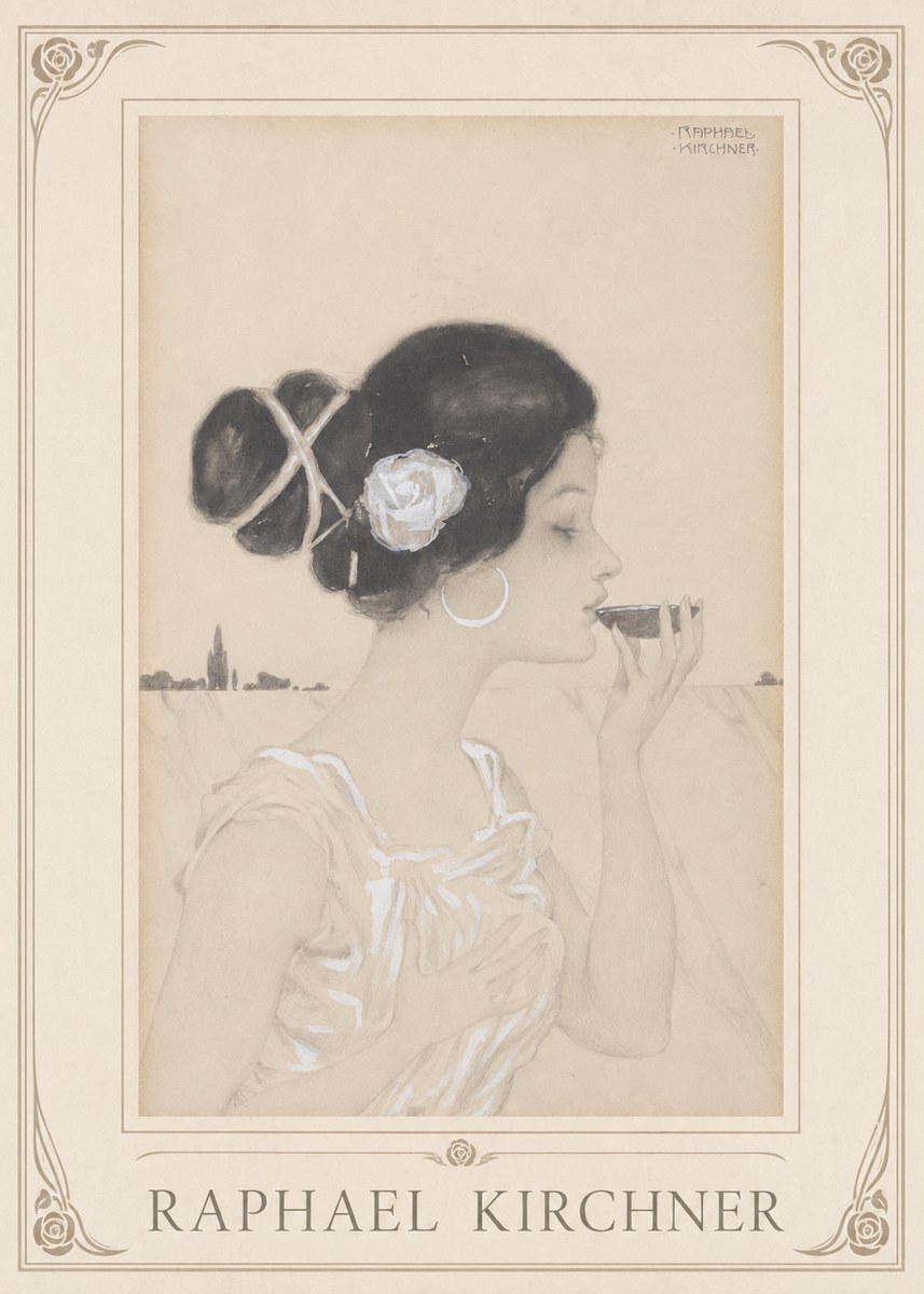 Raphael Kirchner Elegant Lady with Rose and Cup No1 - Poster